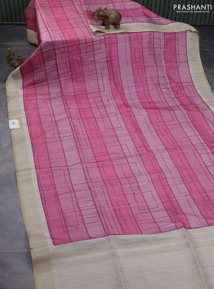 Semi matka saree pink and beige with allover geometric prints and zari woven border