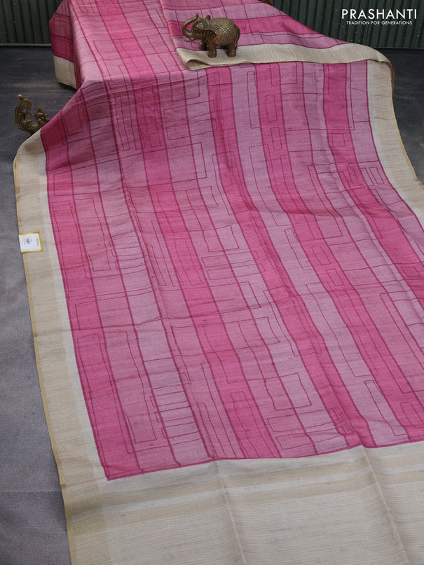 Semi matka saree pink and beige with allover geometric prints and zari woven border