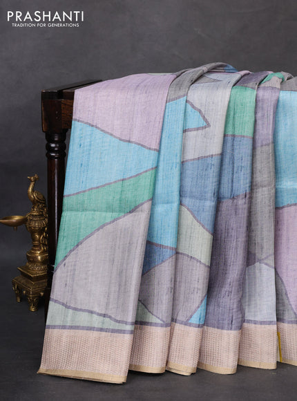 Semi matka saree multi colour green shade and beige with allover geometric prints and zari woven border