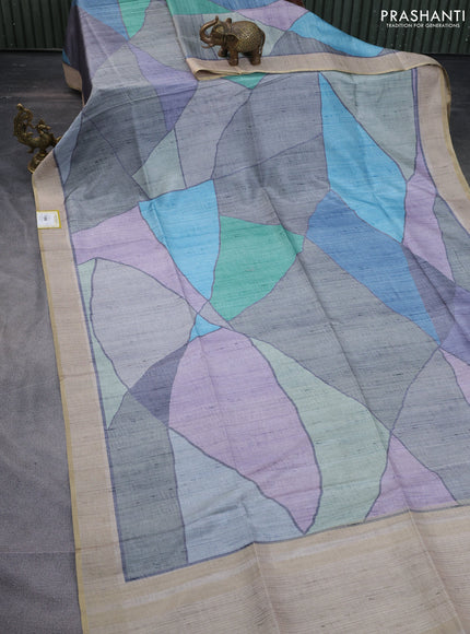 Semi matka saree multi colour green shade and beige with allover geometric prints and zari woven border