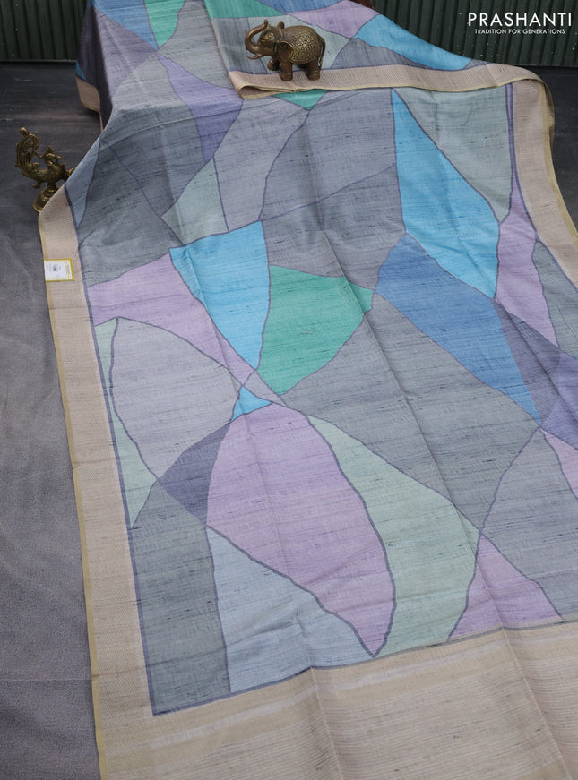 Semi matka saree multi colour green shade and beige with allover geometric prints and zari woven border