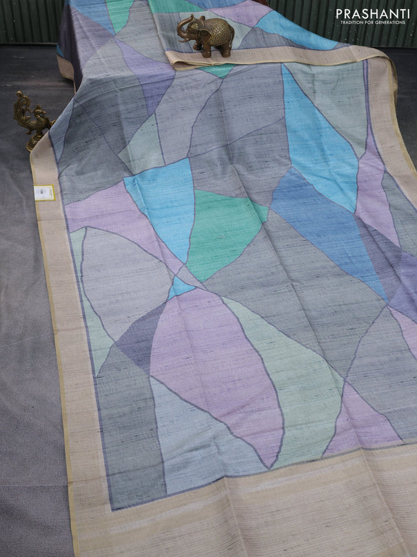 Semi matka saree multi colour green shade and beige with allover geometric prints and zari woven border