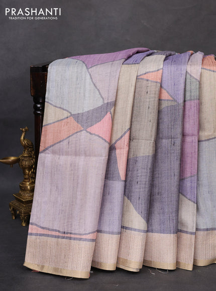 Semi matka saree multi colour pastel peach and beige with allover geometric prints and zari woven border
