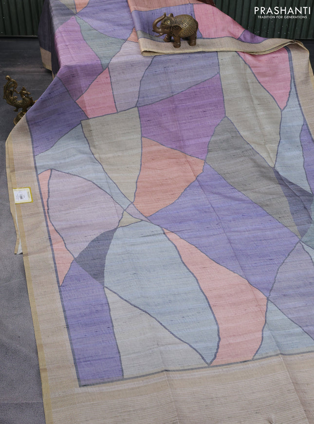 Semi matka saree multi colour pastel peach and beige with allover geometric prints and zari woven border