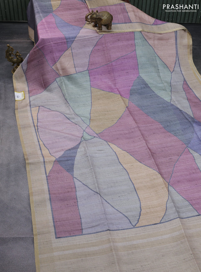 Semi matka saree multi colour sandal and beige with allover geometric prints and zari woven border