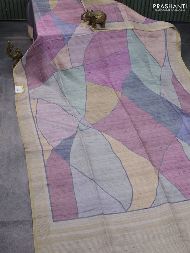 Semi matka saree multi colour sandal and beige with allover geometric prints and zari woven border
