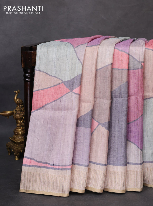 Semi matka saree multi colour peach pink and beige with allover geometric prints and zari woven border