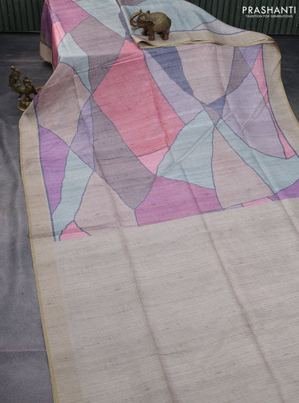 Semi matka saree multi colour peach pink and beige with allover geometric prints and zari woven border