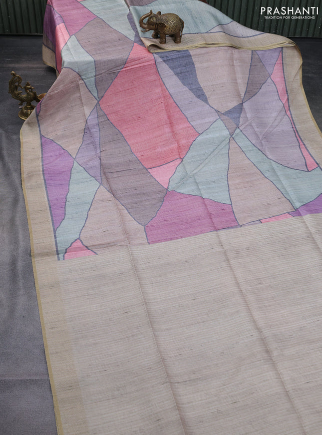 Semi matka saree multi colour peach pink and beige with allover geometric prints and zari woven border