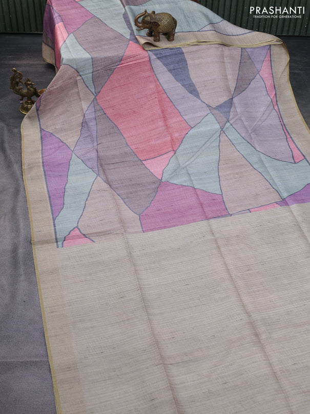 Semi matka saree multi colour peach pink and beige with allover geometric prints and zari woven border