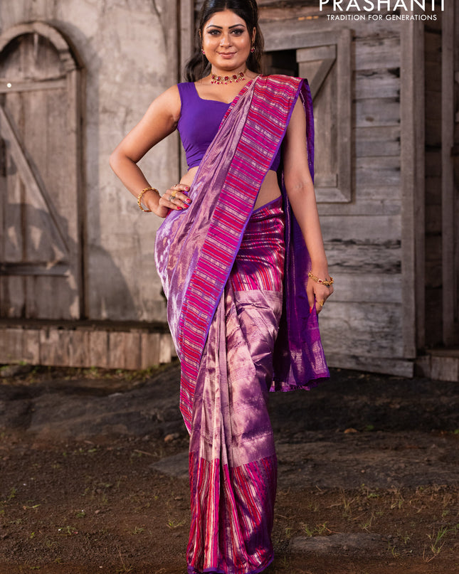 Banarasi katan tissue silk saree purple with plain body and rich zari border