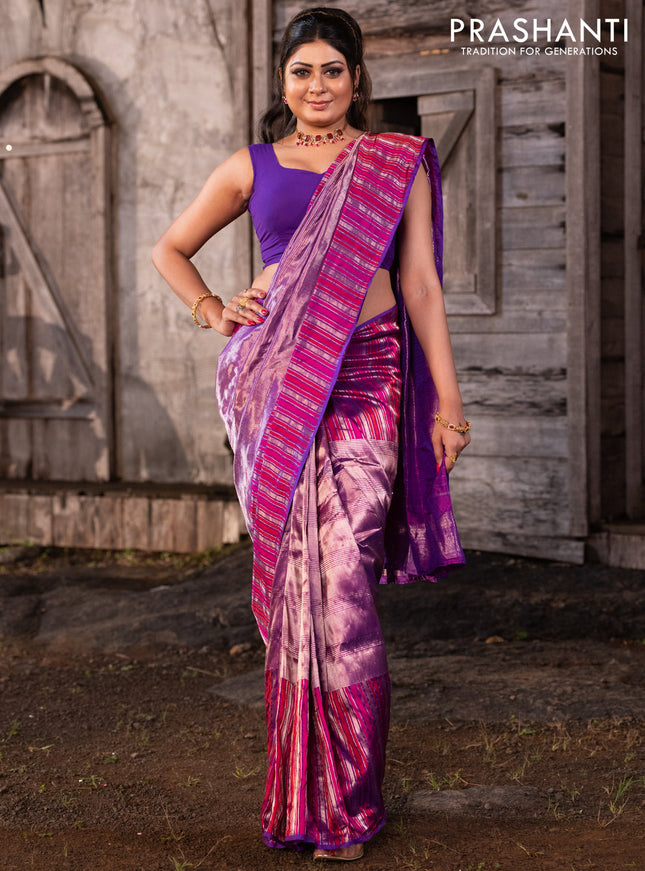 Banarasi katan tissue silk saree purple with plain body and rich zari border