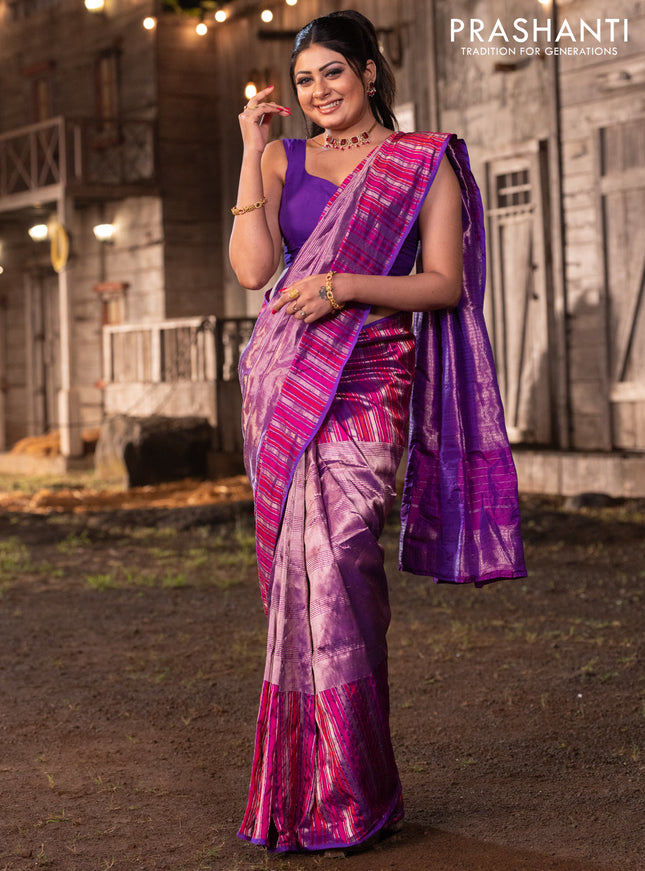 Banarasi katan tissue silk saree purple with plain body and rich zari border