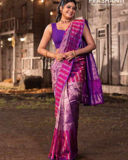 Banarasi katan tissue silk saree purple with plain body and rich zari border