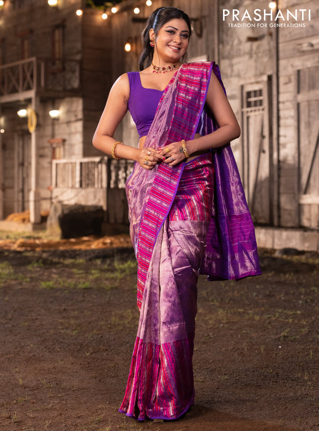 Banarasi katan tissue silk saree purple with plain body and rich zari border