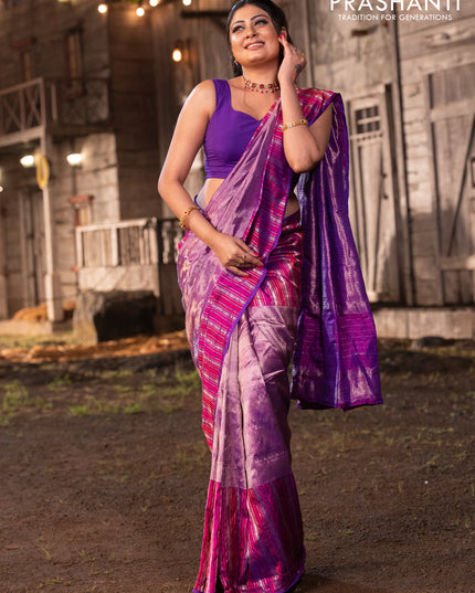 Banarasi katan tissue silk saree purple with plain body and rich zari border