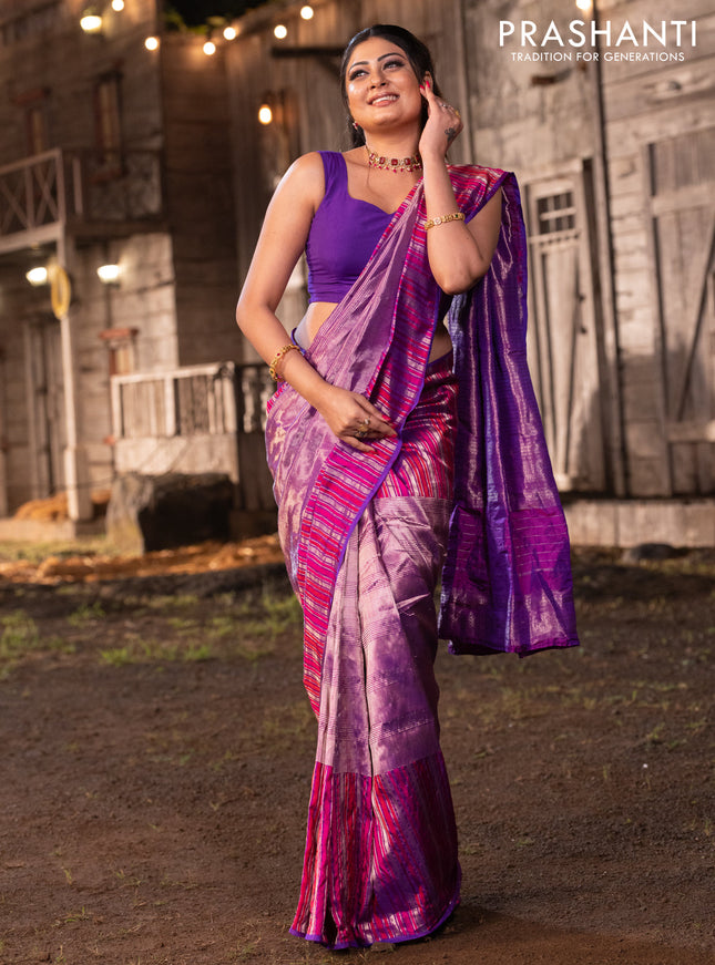 Banarasi katan tissue silk saree purple with plain body and rich zari border