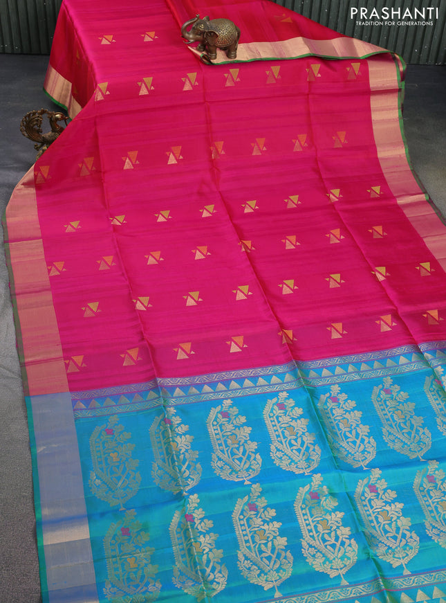 Pure soft silk saree pink and dual shade of bluish green with geometric zari woven buttas & jute finish and zari woven border