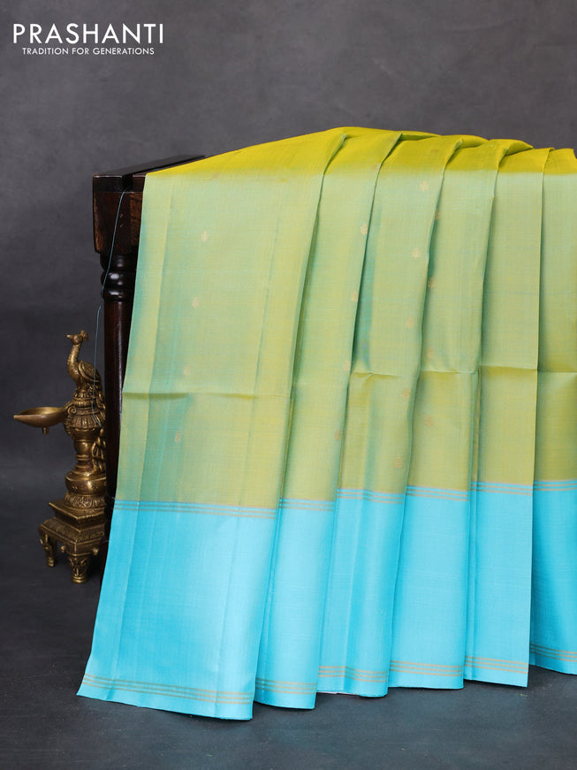 Pure soft silk saree dual shade of green and light blue with zari woven buttas and rettapet zari woven border