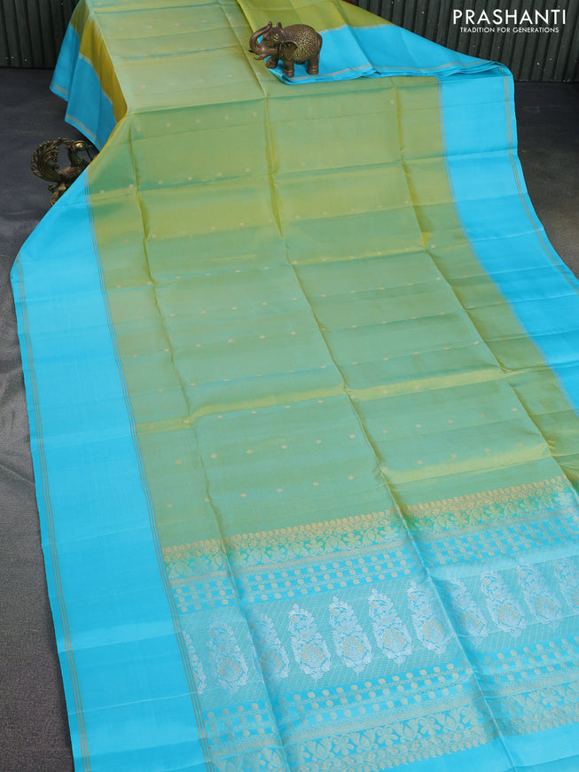 Pure soft silk saree dual shade of green and light blue with zari woven buttas and rettapet zari woven border