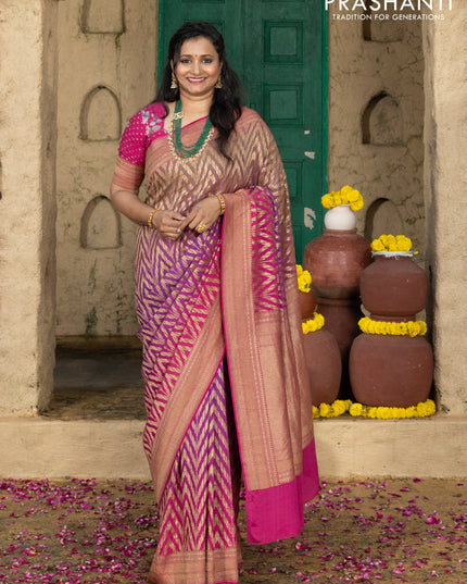 Pure banarasi georgette saree pink and purple with allover geometric weaves and woven border & floral blouse