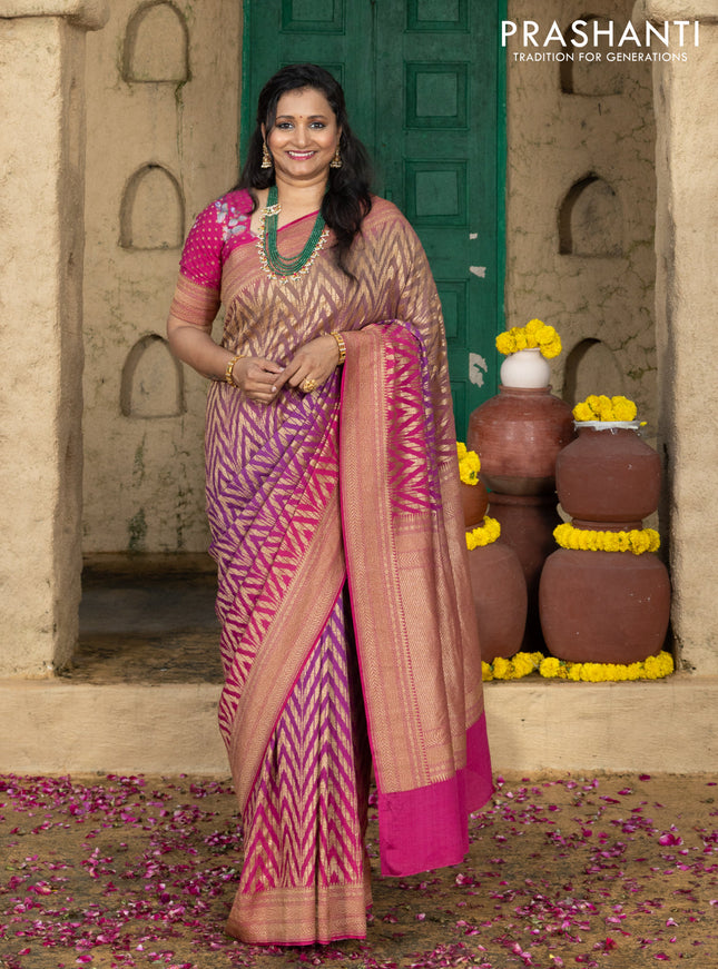 Pure banarasi georgette saree pink and purple with allover geometric weaves and woven border & floral blouse