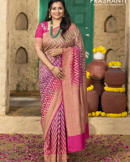 Pure banarasi georgette saree pink and purple with allover geometric weaves and woven border & floral blouse