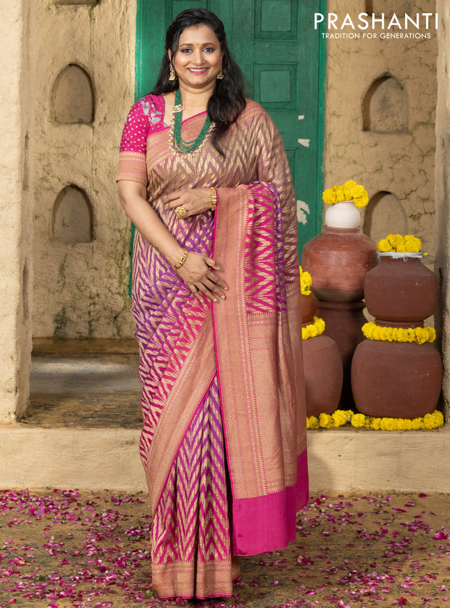 Pure banarasi georgette saree pink and purple with allover geometric weaves and woven border & floral blouse