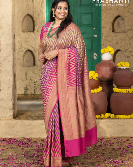 Pure banarasi georgette saree pink and purple with allover geometric weaves and woven border & floral blouse