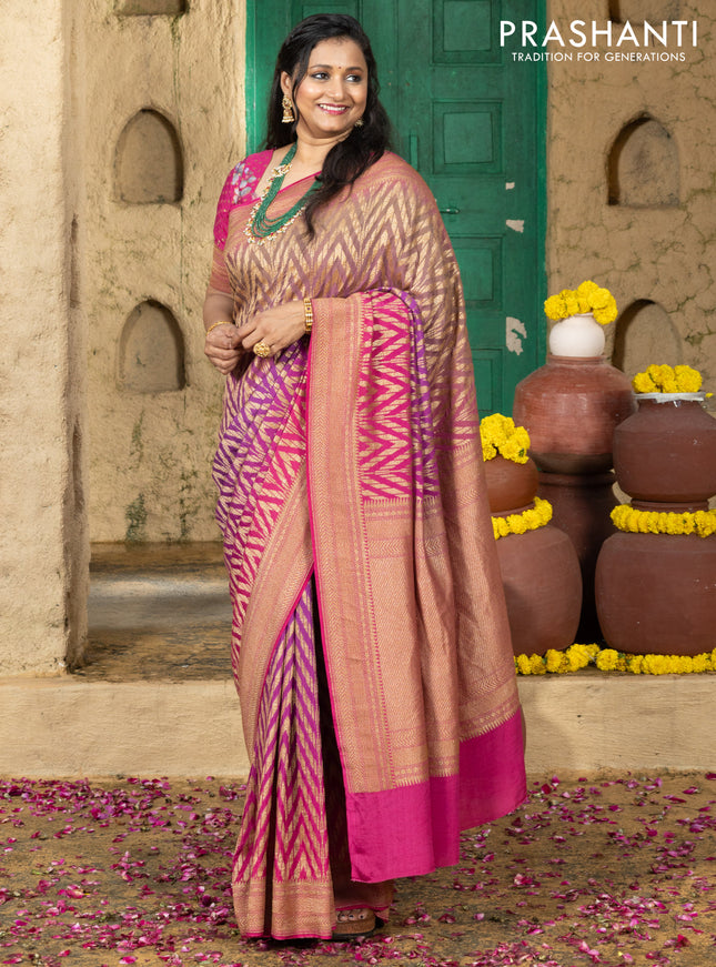 Pure banarasi georgette saree pink and purple with allover geometric weaves and woven border & floral blouse