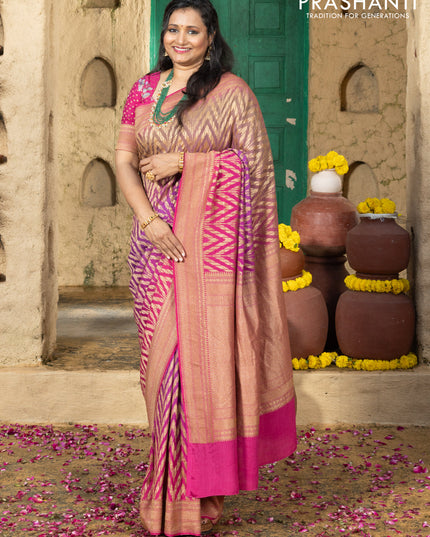 Pure banarasi georgette saree pink and purple with allover geometric weaves and woven border & floral blouse