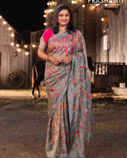 Banarasi tissue silk saree greyish blue with allover embroidery