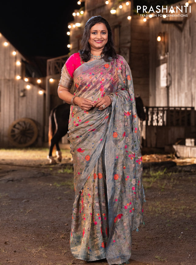 Banarasi tissue silk saree greyish blue with allover embroidery