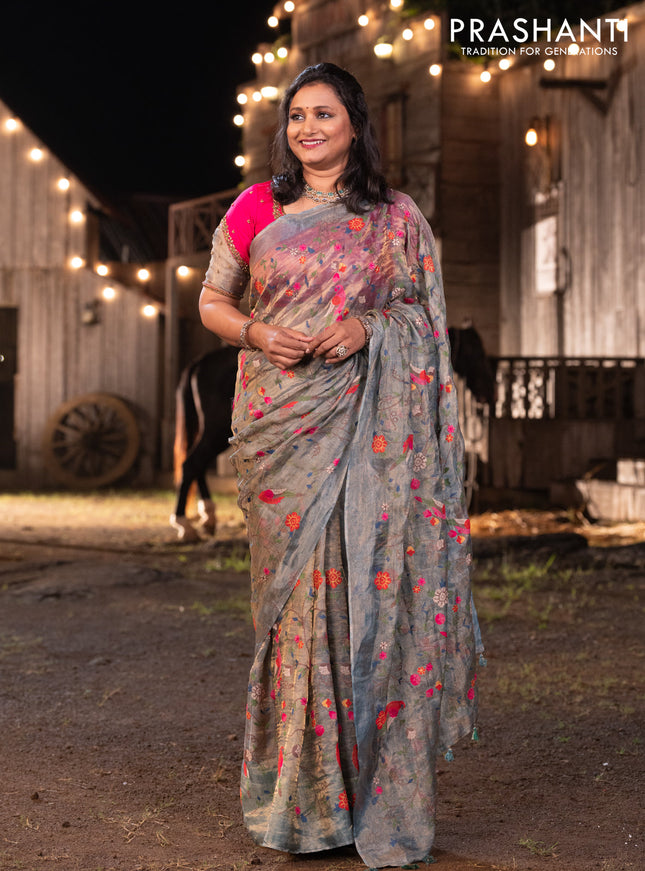 Banarasi tissue silk saree greyish blue with allover embroidery