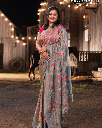 Banarasi tissue silk saree greyish blue with allover embroidery