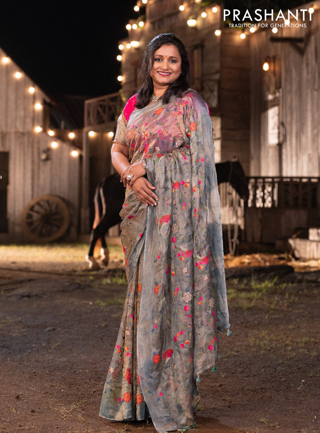 Banarasi tissue silk saree greyish blue with allover embroidery