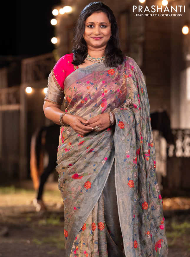 Banarasi tissue silk saree greyish blue with allover embroidery