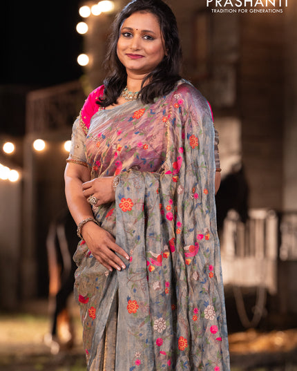 Banarasi tissue silk saree greyish blue with allover embroidery