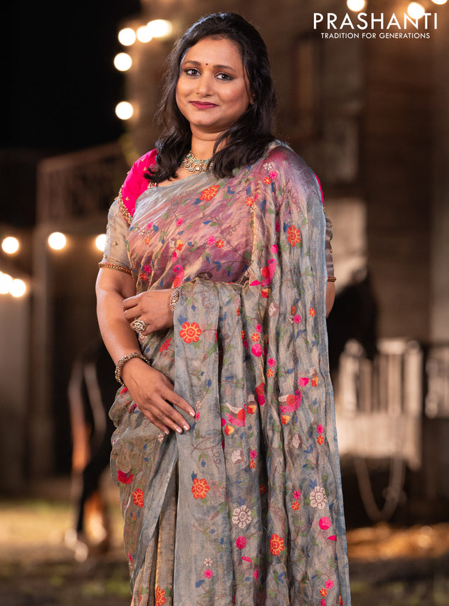 Banarasi tissue silk saree greyish blue with allover embroidery