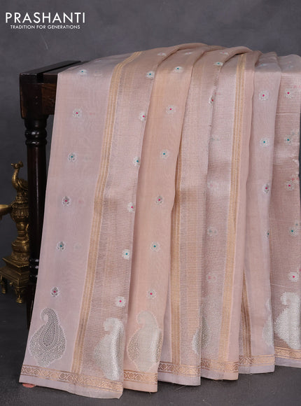 Banarasi tissue semi silk saree beige and pale orange with zari weaves & floral buttas and silver zari woven butta border