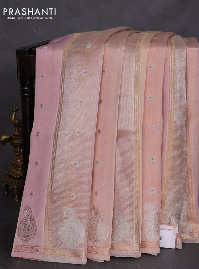 Banarasi tissue semi silk saree peach pink and beige with zari weaves & floral buttas and silver zari woven butta border