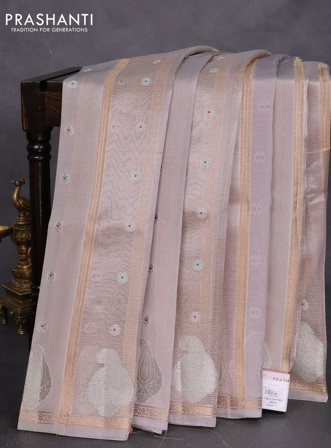 Banarasi tissue semi silk saree grey and lavender with zari weaves & floral buttas and silver zari woven butta border