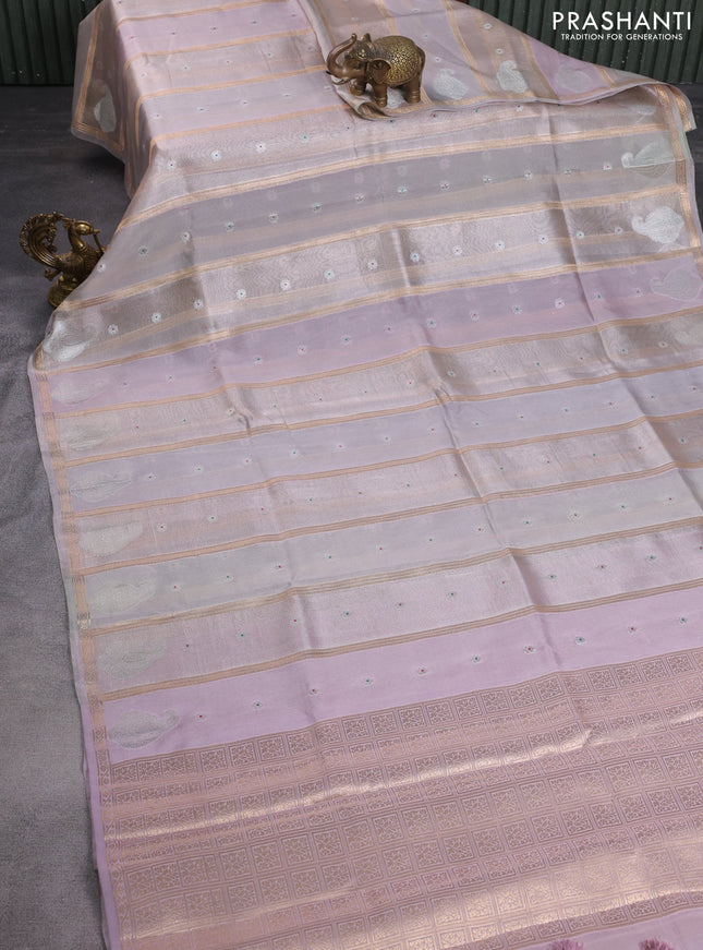 Banarasi tissue semi silk saree grey and lavender with zari weaves & floral buttas and silver zari woven butta border