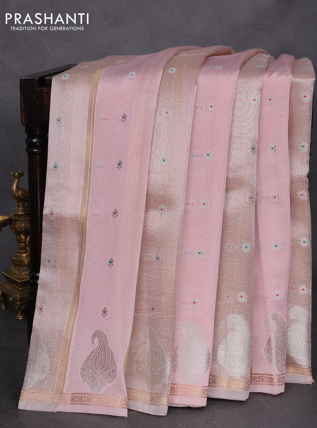 Banarasi tissue semi silk saree baby pink with zari weaves & floral buttas and silver zari woven butta border