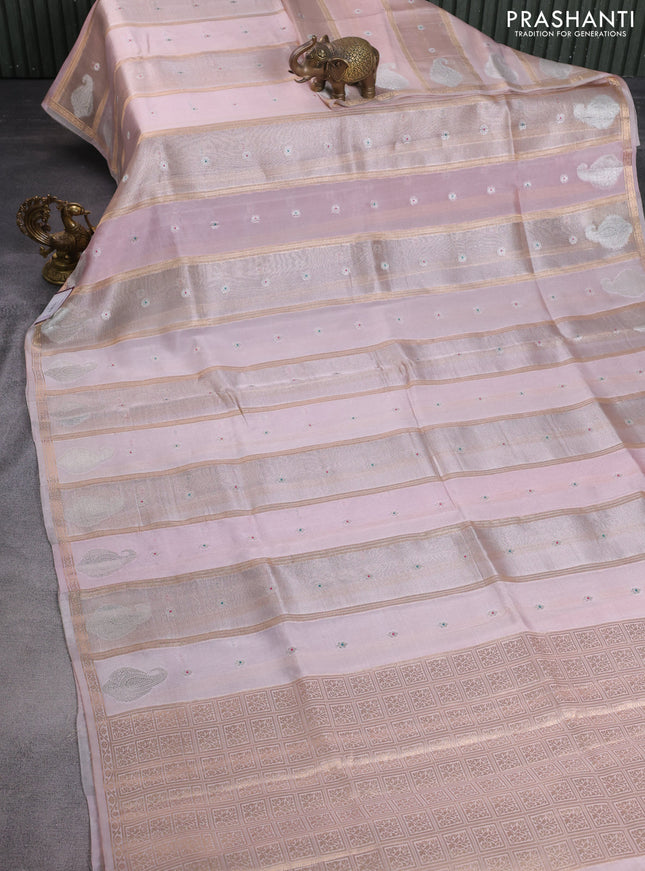 Banarasi tissue semi silk saree baby pink with zari weaves & floral buttas and silver zari woven butta border
