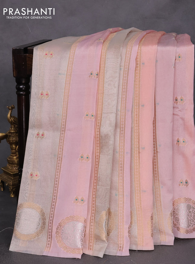 Banarasi tissue semi silk saree peach pink with zari weaves & buttas and zari woven butta border
