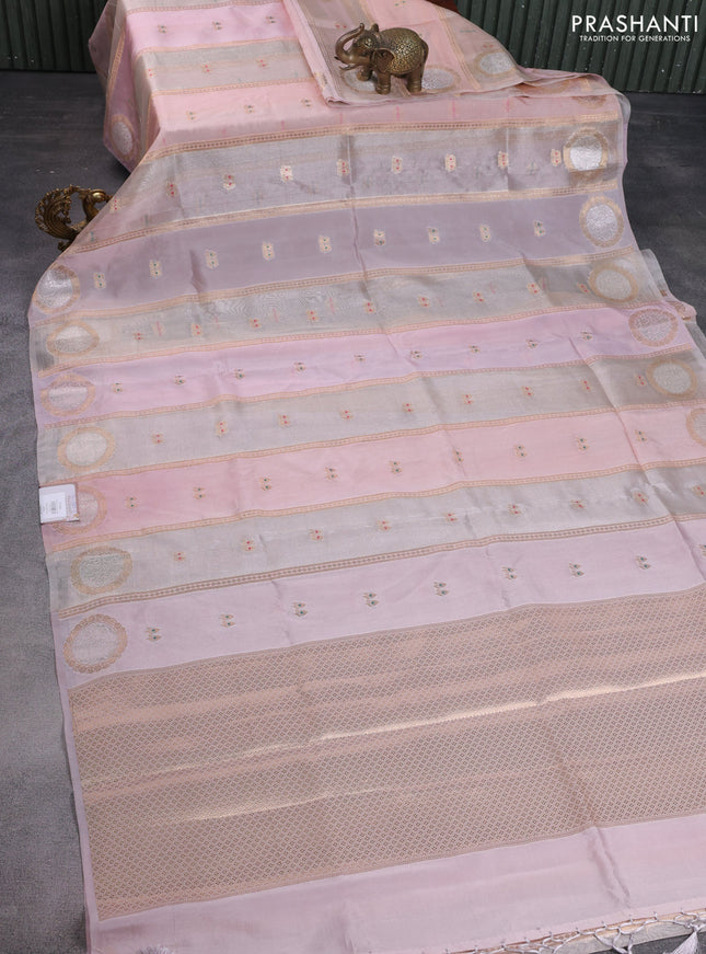 Banarasi tissue semi silk saree peach pink with zari weaves & buttas and zari woven butta border