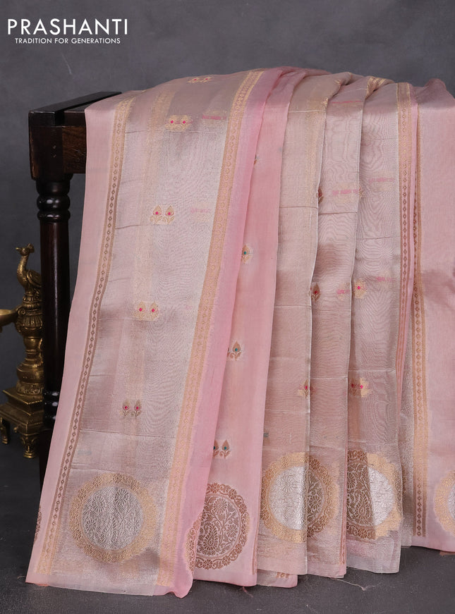 Banarasi tissue semi silk saree mild peach with zari weaves & buttas and zari woven butta border