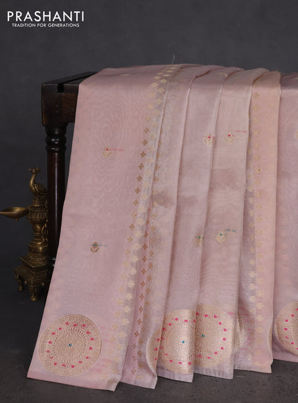 Banarasi tissue semi silk saree mild peach pink with zari weaves & buttas and zari woven butta border