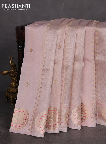 Banarasi tissue semi silk saree pastel lavender and peach pink with zari weaves & buttas and zari woven butta border
